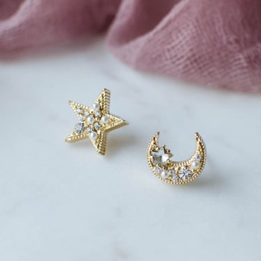 crescent moon and star earrings, small dainty 18k rhinestone and pearl earrings, celestial stud earrings, boho gift for her 
