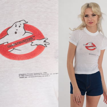 Vintage Ghostbusters Shirt 80s Ghost Busters Promo T-Shirt Retro Movie Graphic Tshirt Ringer Baby Tee Single Stitch White Red 1980s 2xs xxs 