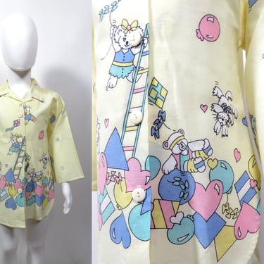 Vintage 80s Kids Pastel Cartoon Animal And Hearts Print Blouse Made In USA Size 5/6 