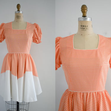 1970s Orange and White Houndstooth Square Dance Dress 