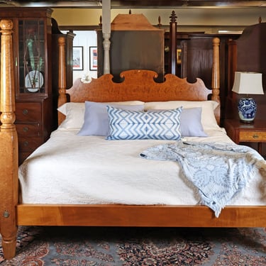 Empire Tall Post Bed in Rare Birdseye Maple, Original Posts ~ Circa 1830, Resized to King with Ornamental Scalloped Headboard in Outstanding Birdseye Maple</p#x3E; SKU: JR070725B<p#x3E; </p#x3E;<p#x3E;