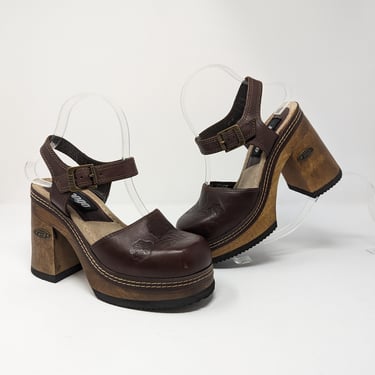 Y2K Bongo Women's 7 Brown Leather Wooden Heeled Clogs 