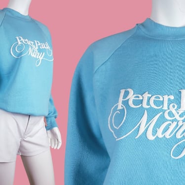 Peter Paul & Mary sweatshirt. Vintage from the 70s. 50/50 Fruit Of The Loom. Pullover crewneck. Light aqua blue. (S/M) 