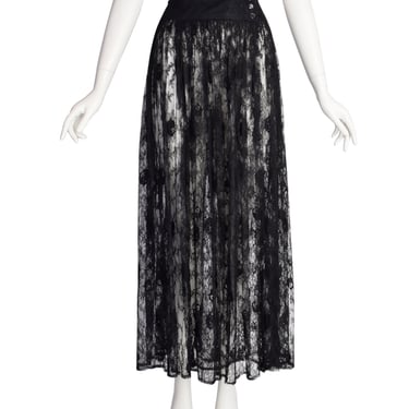 Kenzo Vintage 1980s Sheer Black Floral Lace Long Wrap Skirt