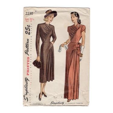 Vintage 1947 Simplicity Sewing Pattern 2230, Misses and Women's Daytime and Evening Dress, Size 20 1/2 Bust 39 