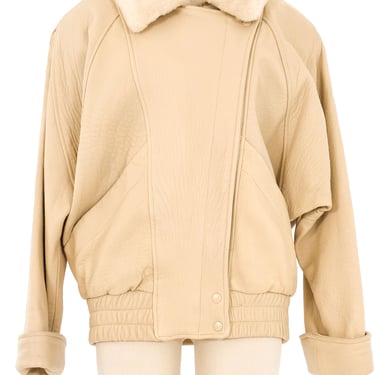Ivory Shearling Trimmed Leather Bomber