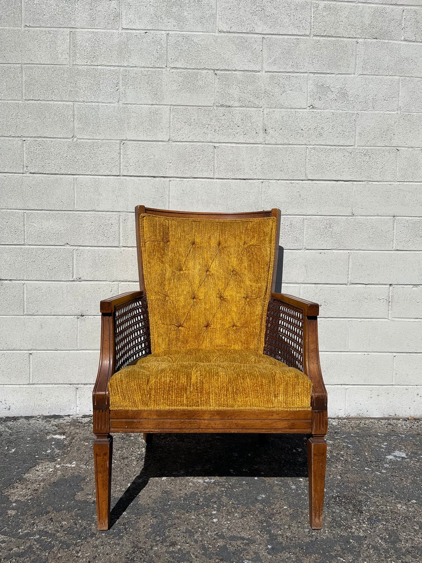 Vintage Cane Tufted Armchair High Back Chair Mid Century Modern