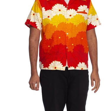 1960S Orange  Yellow Cotton Sateen Men's Mod Hawaiian Shirt 