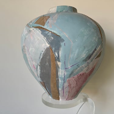 1986 Large Vintage Mixed Media Hand Painted Abstract Pattern Art Studio Pottery Vessel 