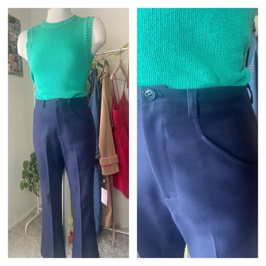 Vintage 1970s Double Knit Pants - Mini Flare - Retro Navy Trousers - Size Small 