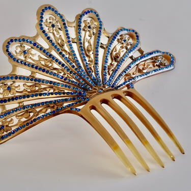 Art Deco Large Blue Pastes Openwork Fan Celluloid Hair Comb, Antique Comb, Hair Decoration Hair Ornament Hair Jewelry 