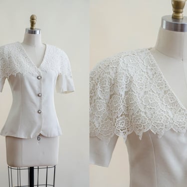 cream lace collar blouse | 80s vintage dramatic antique style lace shawl cape collar short sleeve jacket 