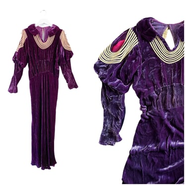SALE AS-IS /// 30s Purple Silk Velvet Dress / 1930s Vintage Long Sleeve 40s Dress / Medium to Large 