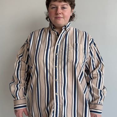 Vintage - Beige &amp; Blue Striped Cotton Shirt (1X)