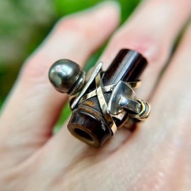 Fred & Janis Tate Sterling Silver 14K Gold Tahitian Pearl and Bamboo Ring Sz 5.75 