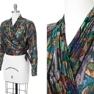 Vintage 1970s 1980s Wrap Top | 70s 80s Metallic Lurex Rayon Cropped Tie Waist Disco Party Colorful Crop Top (small/medium) 