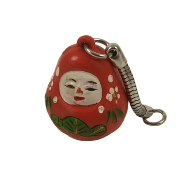 Japanese Resin Hime Daruma Doll Bell Keychain Vtg Metal Chain Amulet Red JK874