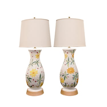 Italian Pair of Artisan Ceramic Table Lamps with Flower Motif 1950s