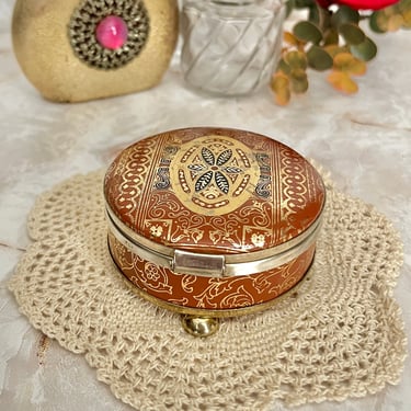 Ornate Trinket Box, Leather Art, Gold Metallic, Leather Jewelry Box, Mid Century Vintage 