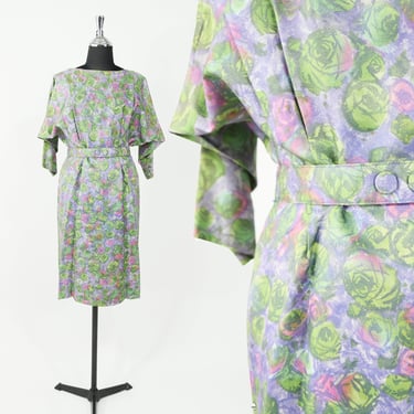 1950s Green Print Nylon Day Dress | 50s Green Lavender Watercolor Dress | Jannell of California | Medium 