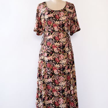 Lace-up Dark Floral Tea Dress L/XL