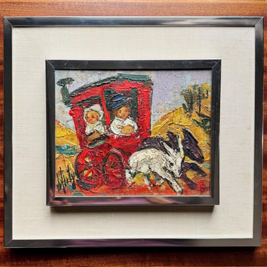 Original Henry d’Anty Oil Painting of Cute Caravan Couple, 1960s France Vintage 