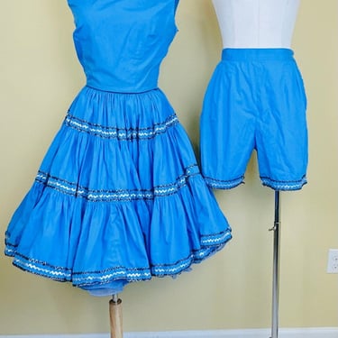 1960s Vintage Blue Cotton Western Square Dance Set / 60s Ric Rac Fit and Flare Dress and Hot Pants / Small 