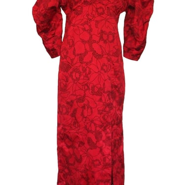 Vintage Red Dress, Pauline Trigere Evening Gown, Medium Women, Red Satin, Flocked, Maxi Dress 