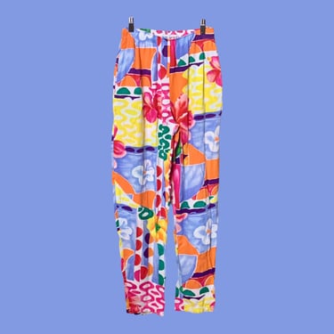 Abstract Print Pants, Colorful 90s Pattern Pants, Vintage Jam's World High Waisted Loose Fit Tapered Leg Elastic Waist High Rise Small 