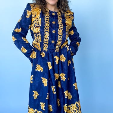 1980s Royal Blue and Gold Embossed Dress, sz. M/L