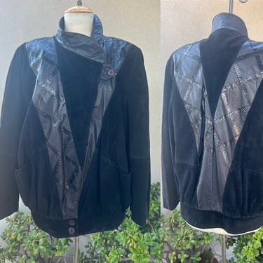 Vintage 80s black suede bomber jacket big shoulders pockets textured leather details Sz 6 Dominic Bellissimo 