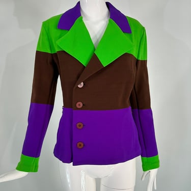 Issey Miyake Colour Block Knit Jacket in Acid Green Brown &amp; Purple Small