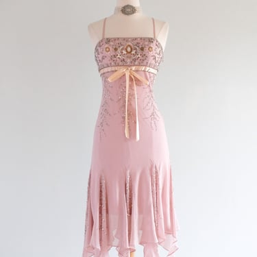 Vintage Y2K Blush Mauve Beaded Silk Chiffon Dress by Sue Wong / S