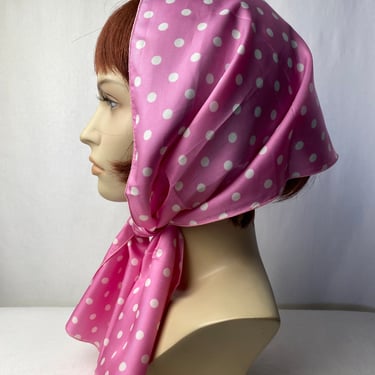 60’s pink polkadot head scarf neckerchief pussycat bow long thin rectangular ~ retro pop of color 