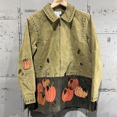 Vintage suede Autumn fall zip up jacket Halloween leaves and pumpkins pumpkin patch the quacker factory Size Large leather 