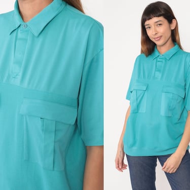 Turquoise Polo Shirt 80s Short Sleeve Shirt Button Neck Top Polo Shirt Slouchy Top 1980s Vintage Banded Hem Chest Pocket Large xl 