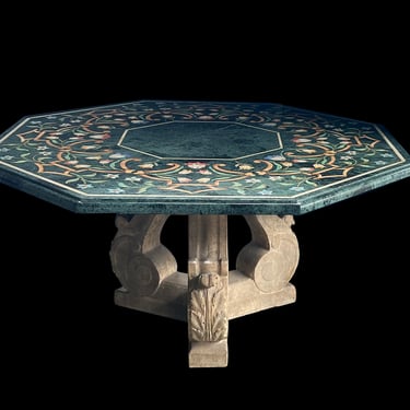 An Octagonal Table with Verde Antico Octagonal Top & Michael Taylor Faux Stone Lyre Base