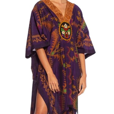 MORPHEW COLLECTION Purple & Brown Silk Ikat Kaftan Handmade With Victorian Lace Collar 