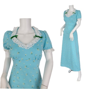 1970's Baby Blue Flocked Daisy Flower Floral Print Long Maxi Dress I Sz Sm 