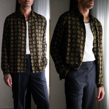 SCOTCH & SODA Black Sheer Drape Button Up Long Sleeve Shirt w/ Olive Gold Renaissance Sun and Moon Print | 1990s Styled Designer Mens Shirt 
