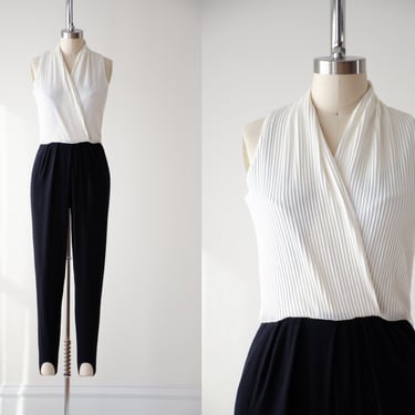 women's jumpsuit | 80s 90s vintage black white two tone sleeveless stretchy stirrup jumpsuit 