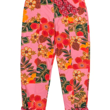 Farm - Pink & Multicolor Floral & Leaf Print High-Waist Pants Sz S