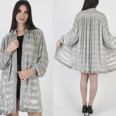 Oleg Cassini Jacket, Silver Beaded Blazer, Vintage Designer Coat, Grey Sparkle Sequins 