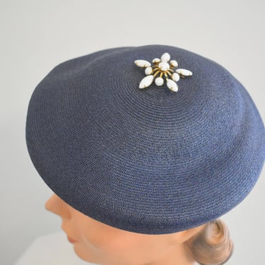 1950s Navy Straw Hat with Milk Glass Brooch Accent 