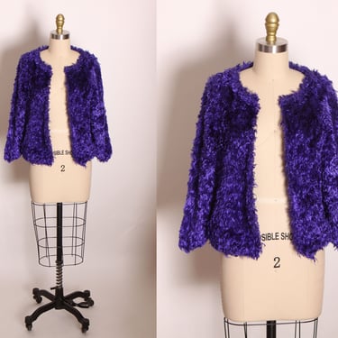 1990s Purple Faux Fur Fuzzy 3/4 Length Sleeve Open Front Cropped Cardigan by Sideffects -M 
