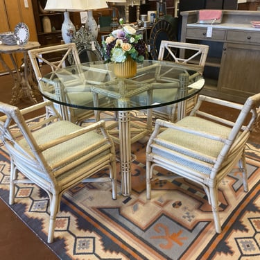 Glass Top Rattan Dining Table with Four Rattan Chairs