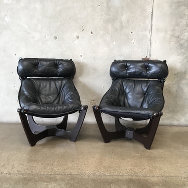 Pair Of Mid Century Modern Odd Krutgen Luna Leather Sling Lounge Chairs