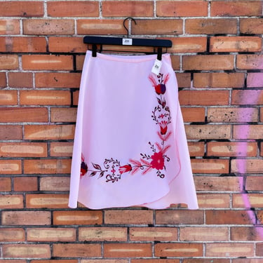 vintage 70s pink floral embroidered knee length wrap skirt / 27" s small 