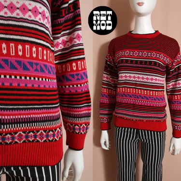 Cool Vintage 70s 80s Red Pink Black Patterned Stripe Pullover Sweater 