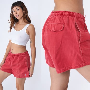 Vintage Ralph Lauren Shorts Red Shorts 90s Shorts Preppy Elastic Waist Shorts Cotton Blend Pocket Retro Plain 1990s Men's Medium 